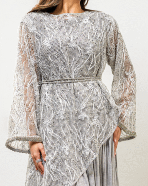 Linen Dara’a with Embroidered Mesh & Fixed Crystal Belt