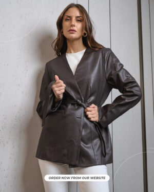 Women's Faux Leather Belted Jacket | Collarless V-Neck Blazer | Chocolate Brown