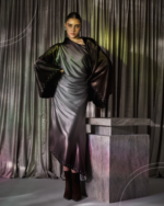 ⁦Classic Silk Dress – Brown to Grey⁩ - الصورة ⁦2⁩