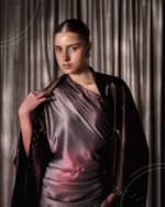 ⁦Classic Silk Dress – Brown to Grey⁩ - الصورة ⁦10⁩