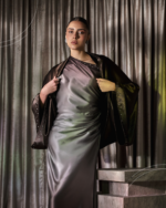 ⁦Classic Silk Dress – Brown to Grey⁩ - الصورة ⁦5⁩